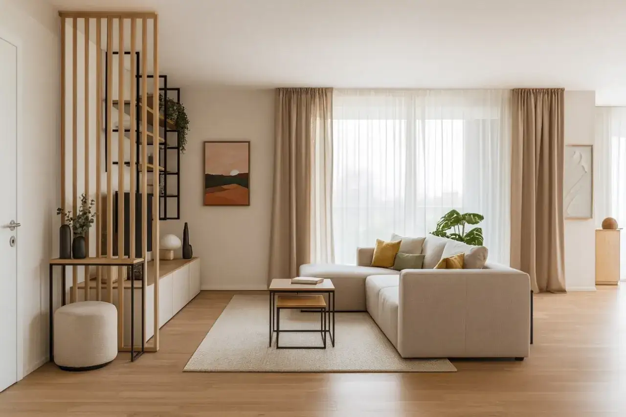 Un elegante soggiorno con un divano angolare beige, tavolini impilati e un divisorio in legno. L'interior design casa è moderno e luminoso.