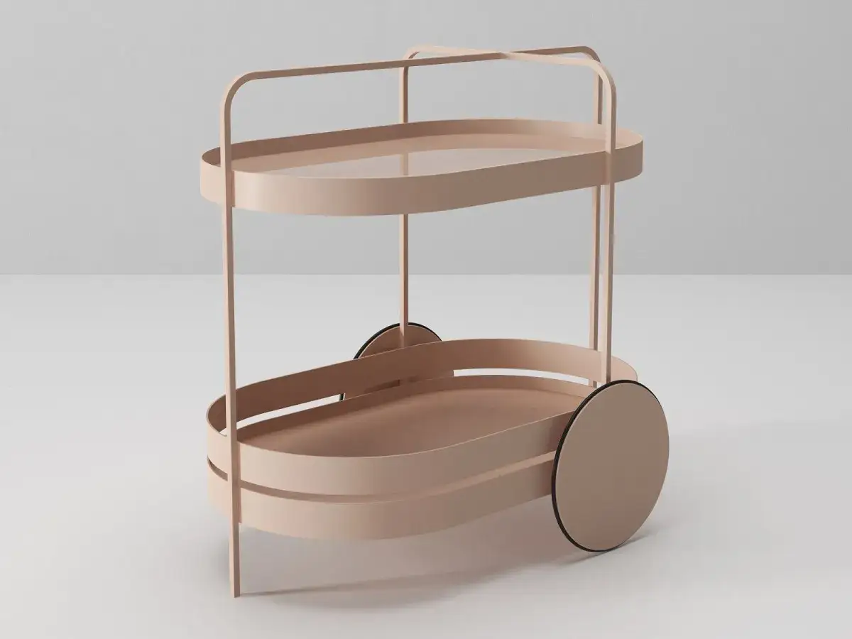 Elegante carrello bar dal design moderno, con due vassoi ovali color pesca e ruote discrete. Un mobile bar perfetto per ogni occasione.