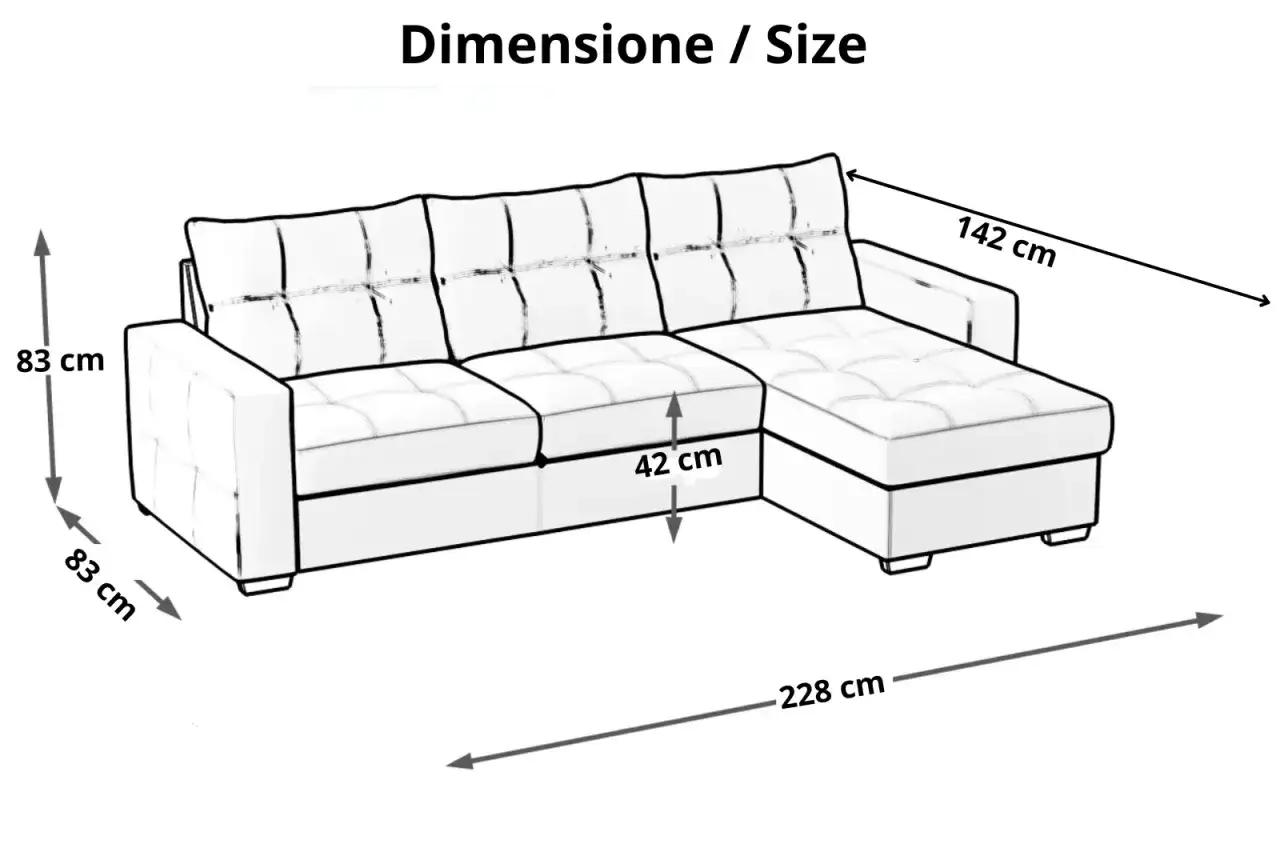 Divano angolare con chaise longue: altezza 83 cm, profondit&agrave; 83 cm, larghezza 228 cm, altezza seduta 42 cm, profondit&agrave; chaise longue 142 cm.