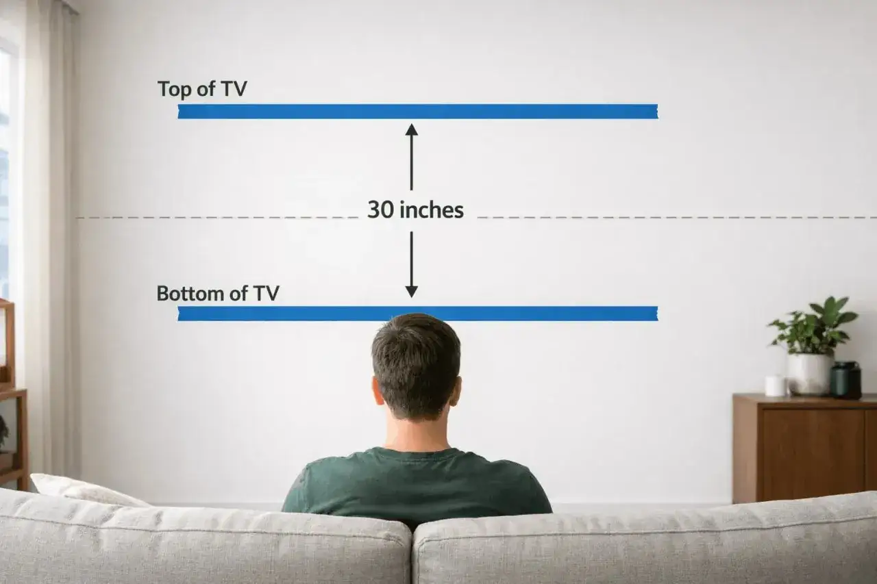 Uomo seduto sul divano, con indicazioni a nastro blu che mostrano la distanza ideale tra il divano e la TV, circa 30 pollici.