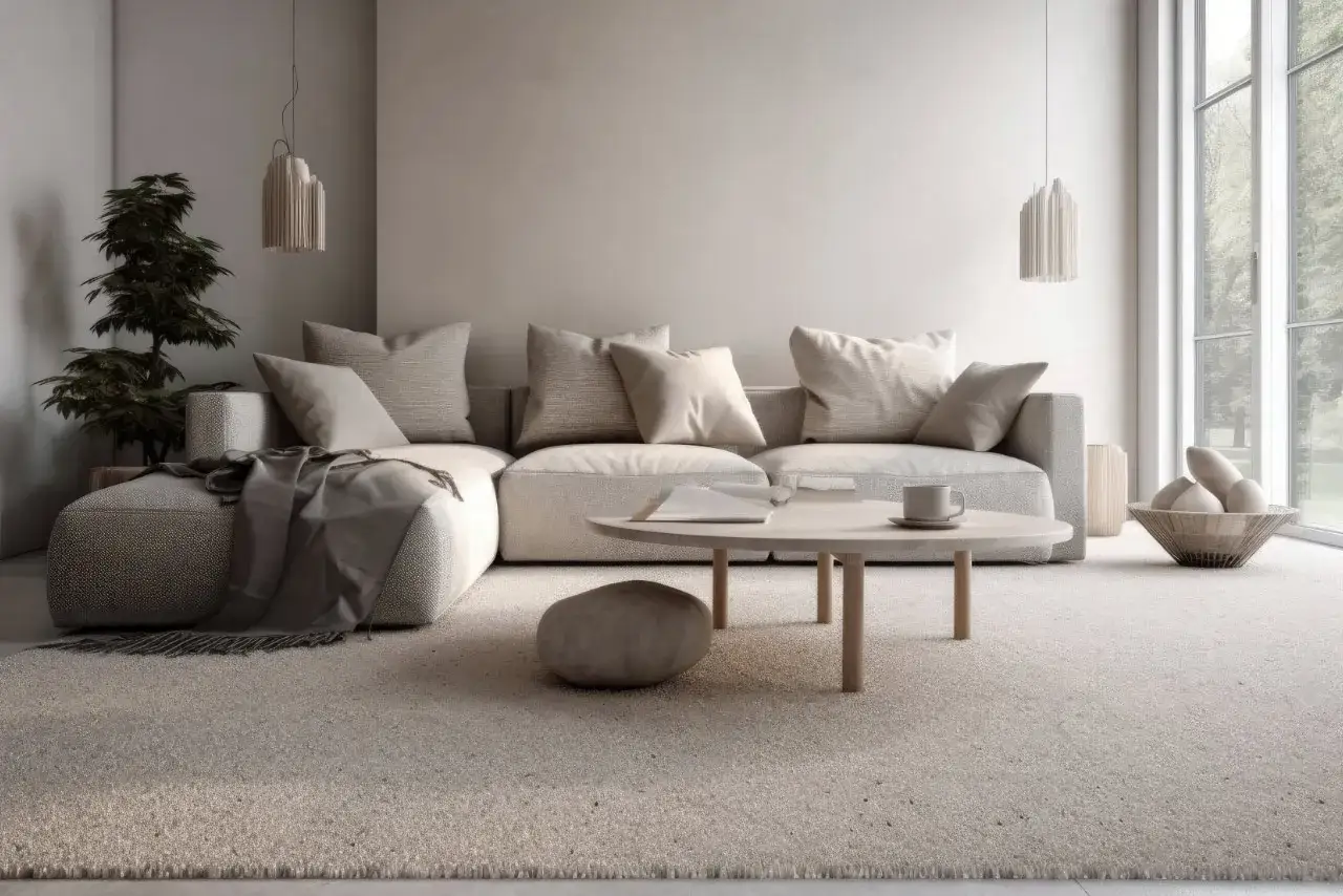 Un accogliente soggiorno con divano angolare color taupe, tavolino rotondo e un tappeto morbido.