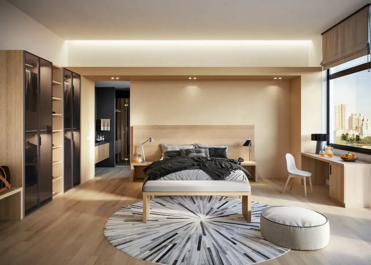 Camera da letto moderna con armadi in legno, letto king-size e un tocco di altek italia design.