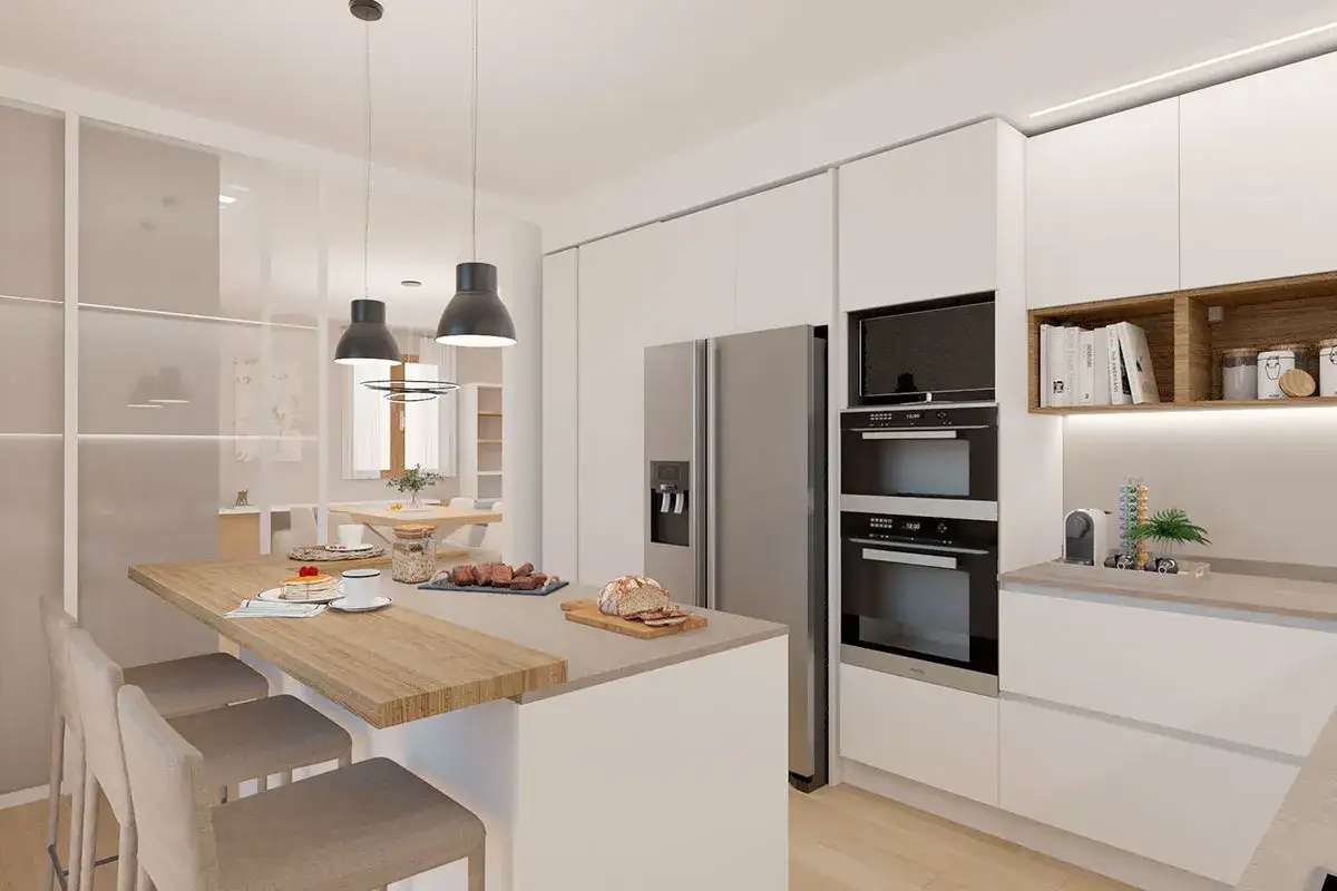 Cucina moderna con isola, perfetta per arredare piccoli spazi. Frigorifero, forni a incasso e zona pranzo integrata.