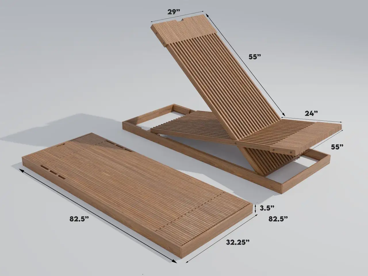 Chaise longue pieghevole in legno, con dimensioni indicate. Perfetta per rilassarsi all'aperto.