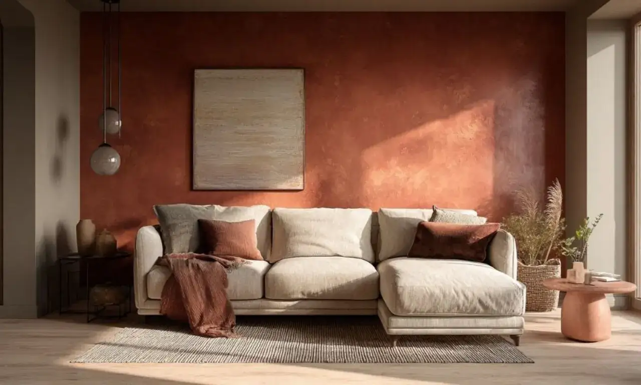 Soggiorno con pareti color terracotta, divano beige e dettagli in rame. I colori per pareti soggiorno creano un'atmosfera calda e accogliente.