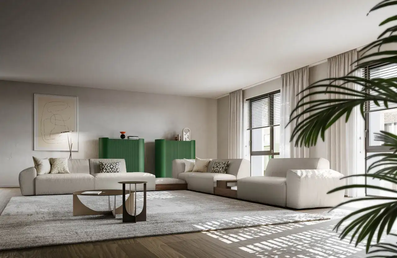 Elegante soggiorno con divano bianco, tappeto grigio e due mobili verdi che creano un contrasto cromatico perfetto. Ottimi divano verde abbinamenti.