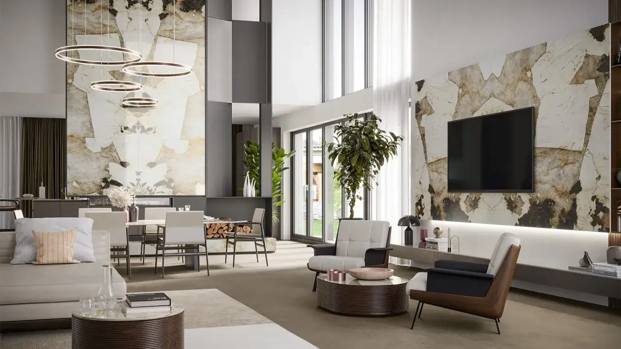 Un elegante salotto e sala da pranzo insieme, con pareti in pietra naturale e illuminazione moderna.