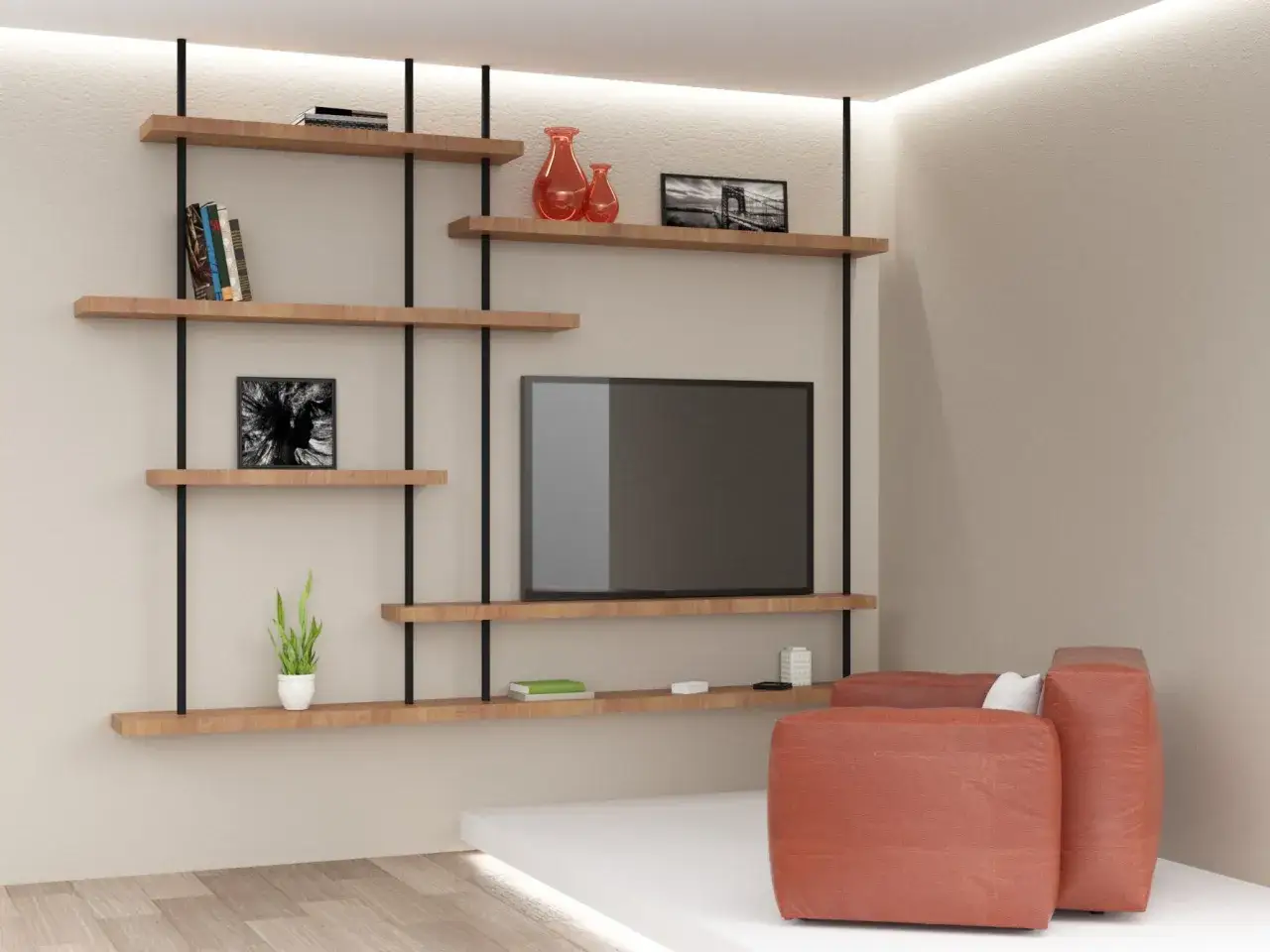 Scaffali in legno e metallo per un moderno mobile TV fai da te, con TV, libri e decorazioni.
