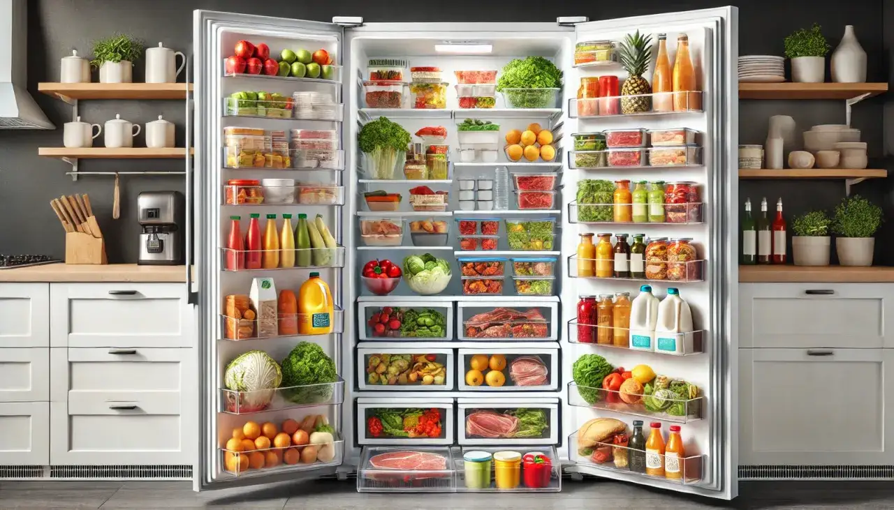 Frigo aperto e ordinato, pieno di frutta, verdura, carne e bevande. Un esempio perfetto di come organizzare il frigo per avere tutto a portata di mano.