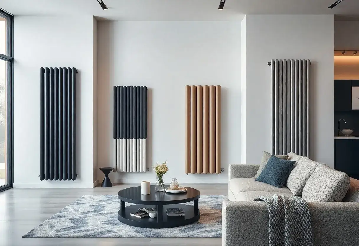 Soggiorno moderno con diversi termosifoni verticali, ideali per capire dove posizionare i termosifoni per un design ottimale.