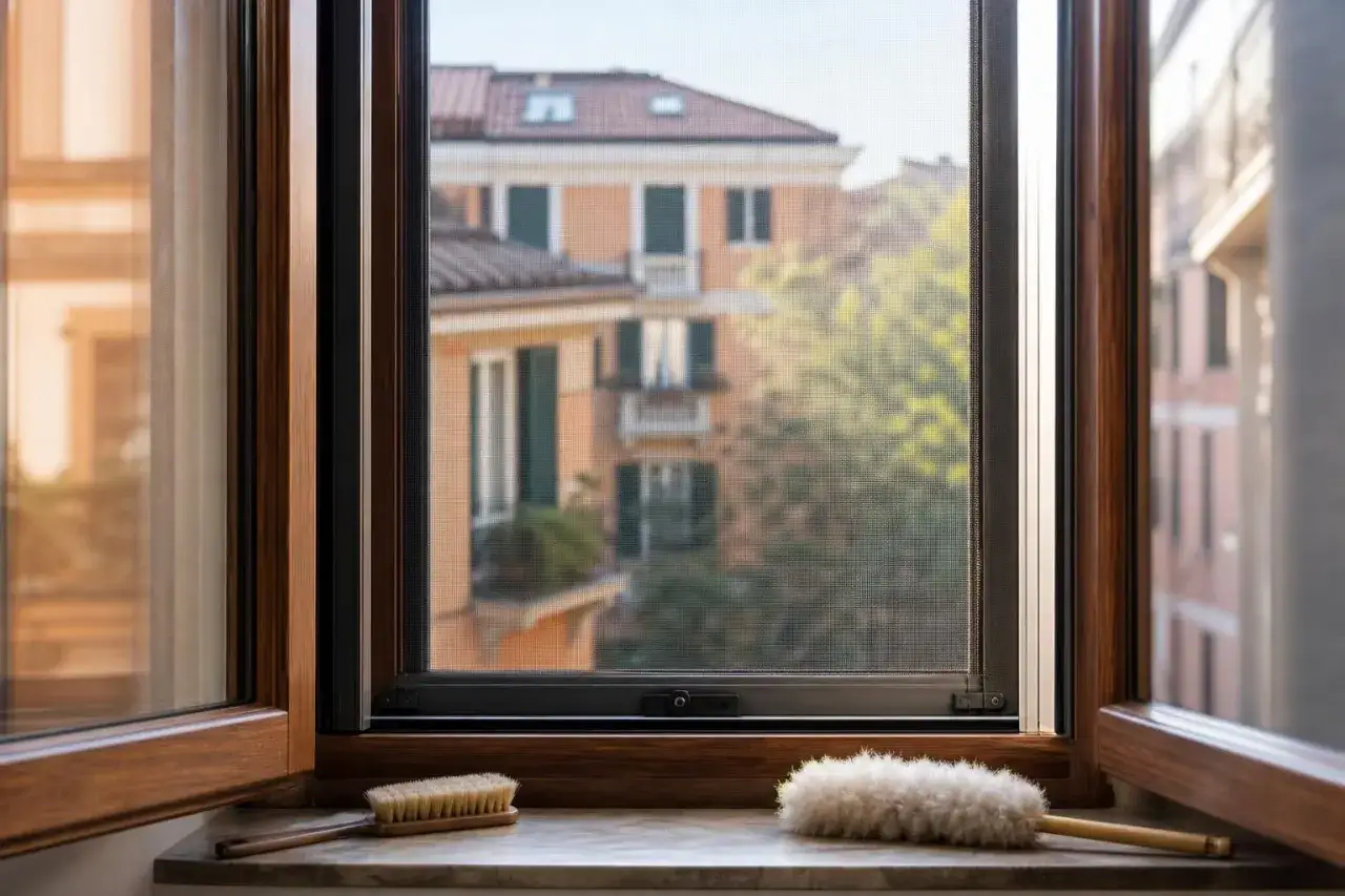 Spazzole pronte per pulire le zanzariere. Vista su palazzi e alberi attraverso il vetro.