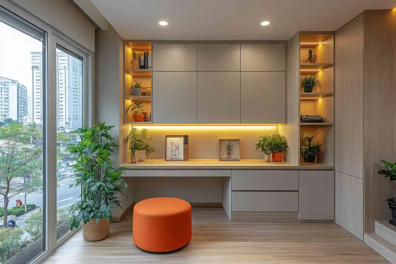 Scrivania con design modulare e illuminazione integrata, piante verdi e pouf arancione.