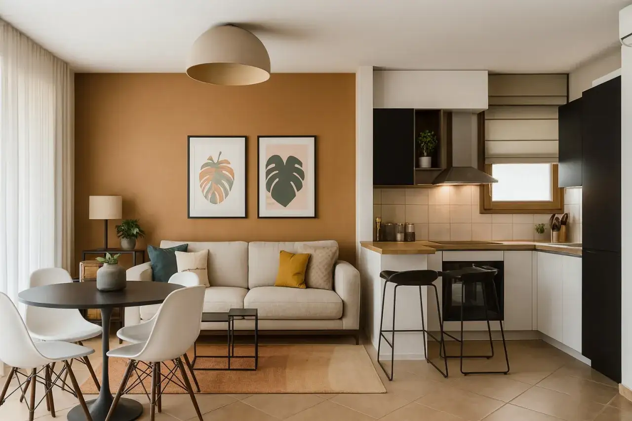 Soggiorno e cucina con mobili chiari, pareti color ocra e tappeto sui toni dei colori caldi.