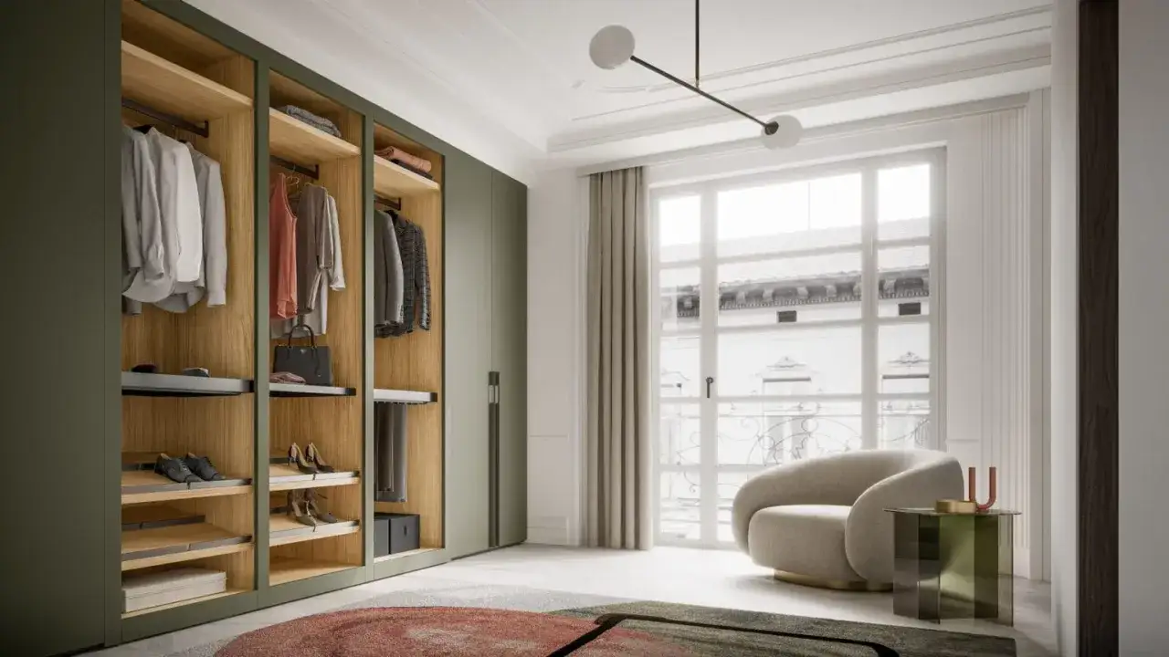 Armadio con ante color taupe e legno chiaro, abiti ordinati, poltrona avvolgente e tavolino moderno.