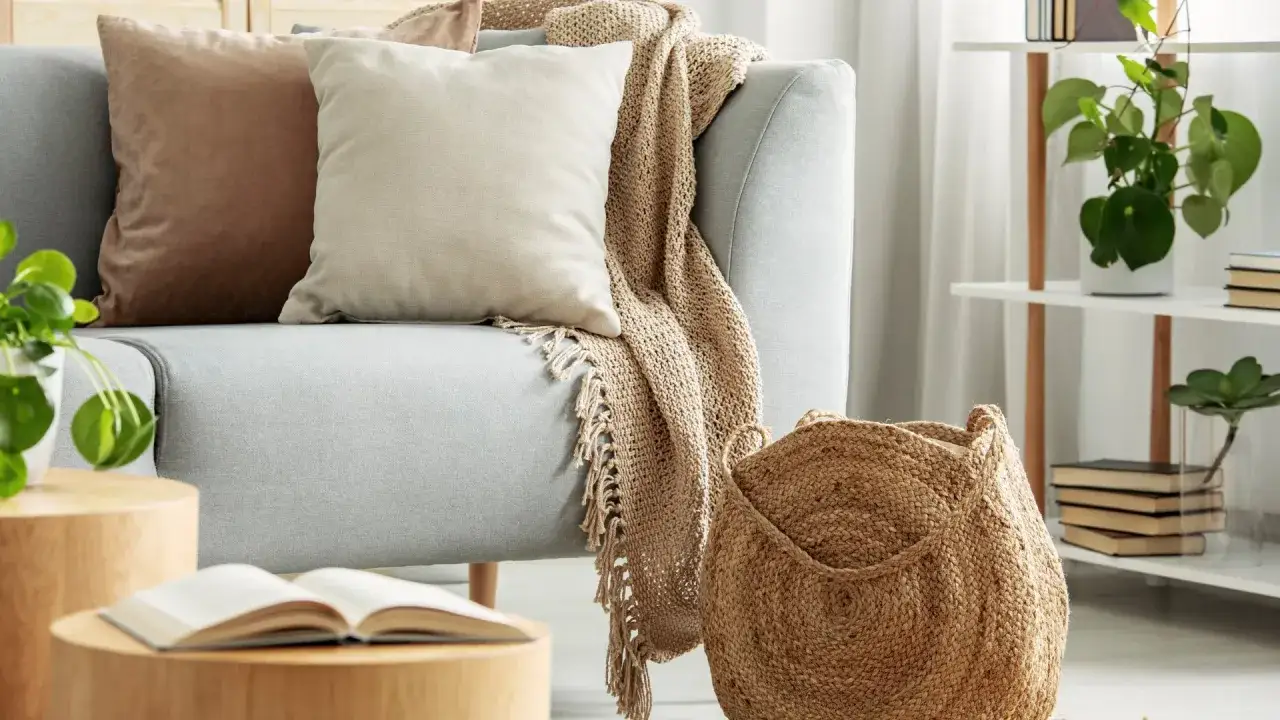 Divano grigio con cuscini morbidi e una coperta in tessuti ecologici. Cesto in juta e tavolino in legno completano l'arredo.