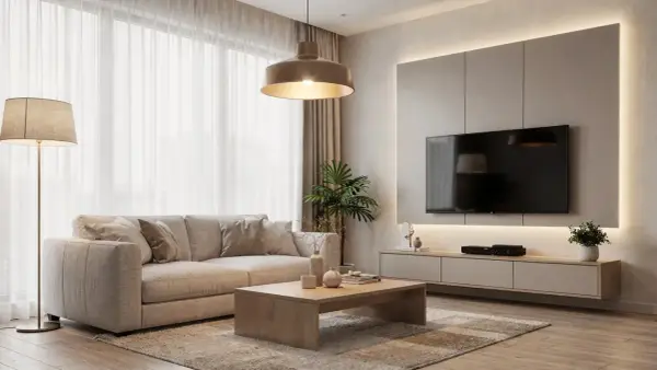 Un accogliente soggiorno con divano beige, tavolino in legno e un'elegante illuminazione sopra il divano che crea un'atmosfera calda.