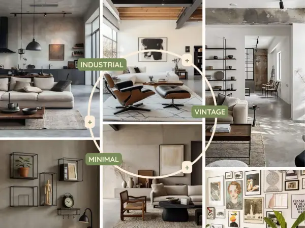 Collage di interni: cucina industriale, soggiorno vintage con poltrona Eames, e zona living minimal. Un esempio di abbinamento colori arredamento.