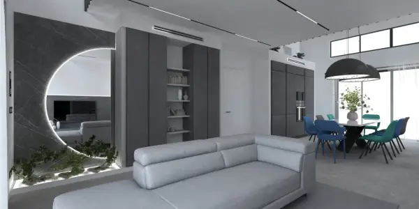 Elegante salotto grigio e bianco con divano moderno, zona pranzo con sedie colorate e un'originale parete a specchio con illuminazione.