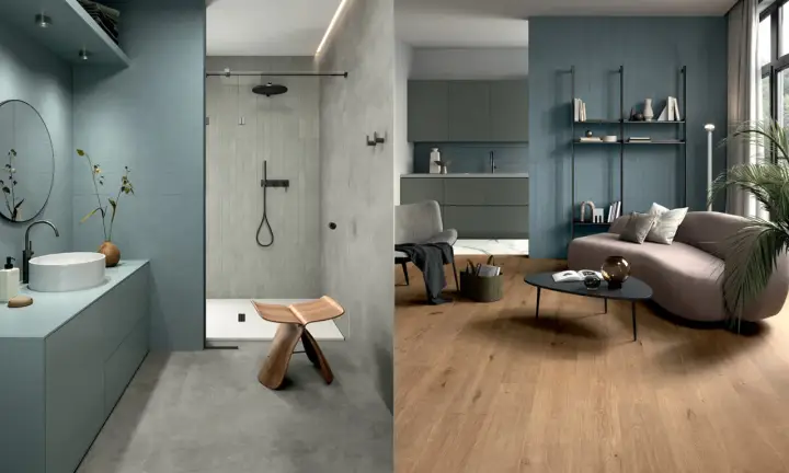 Bagno moderno con lavabo e doccia, soggiorno con divano curvo e libreria. Colori che si abbinano con il grigio, creando un'atmosfera rilassante.