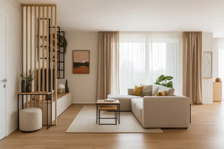 Soggiorno accogliente con divano angolare, tavolini impilati e un separé in legno. I **colori caldi** dominano, creando un'atmosfera rilassante.