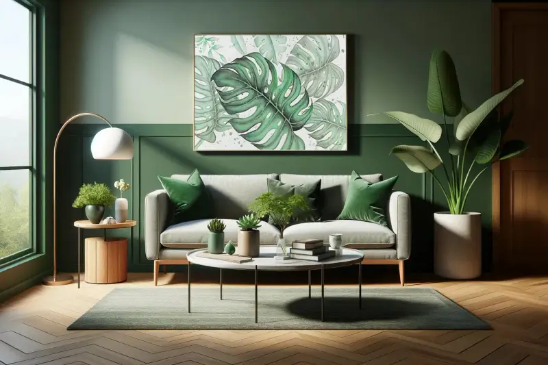 Un soggiorno moderno con divano grigio, cuscini verdi e un quadro di foglie tropicali. Un esempio di come abbinare il verde per un'atmosfera rilassante.